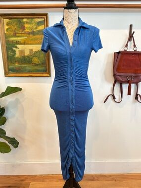 Fashion Nova Blue Button-Front Ruched Maxi Dress